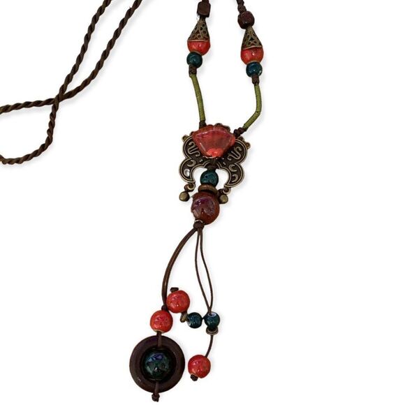 NEW Green Red Jade Ceramic  Beaded Long Tassel Necklace - Picture 1 of 4